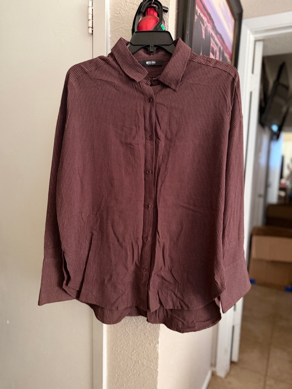 Miss Lola Burgundy Pinstripe Button-Down Shirt